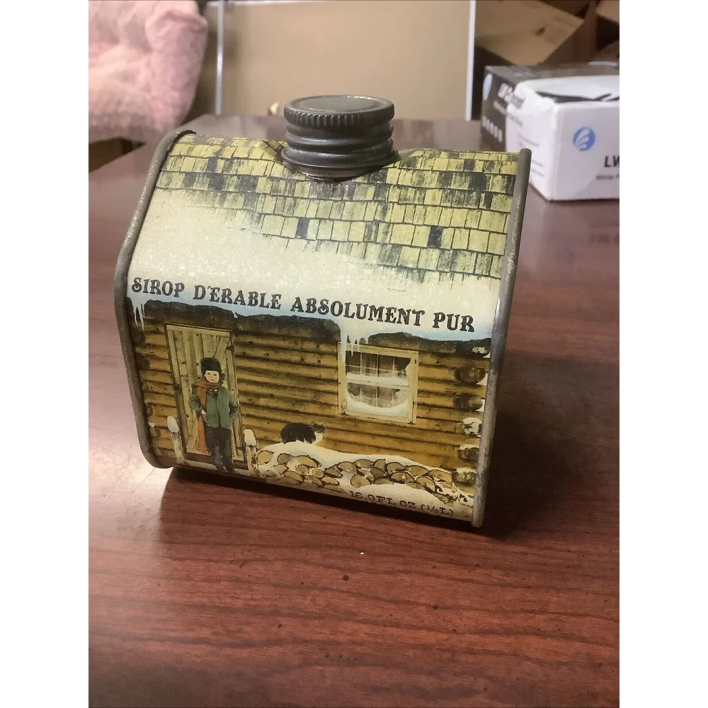 Vintage 1984 Vermont Maple Syrup Log Cabin Metal Empty Tin Container